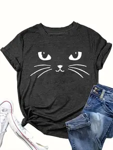 【Plus Size】 Cat Face Print Round Neck Tee, Casual Short Sleeve Crew Neck T-shirt for Daily Wear, Women Clothing for All Seasons, Womenswear