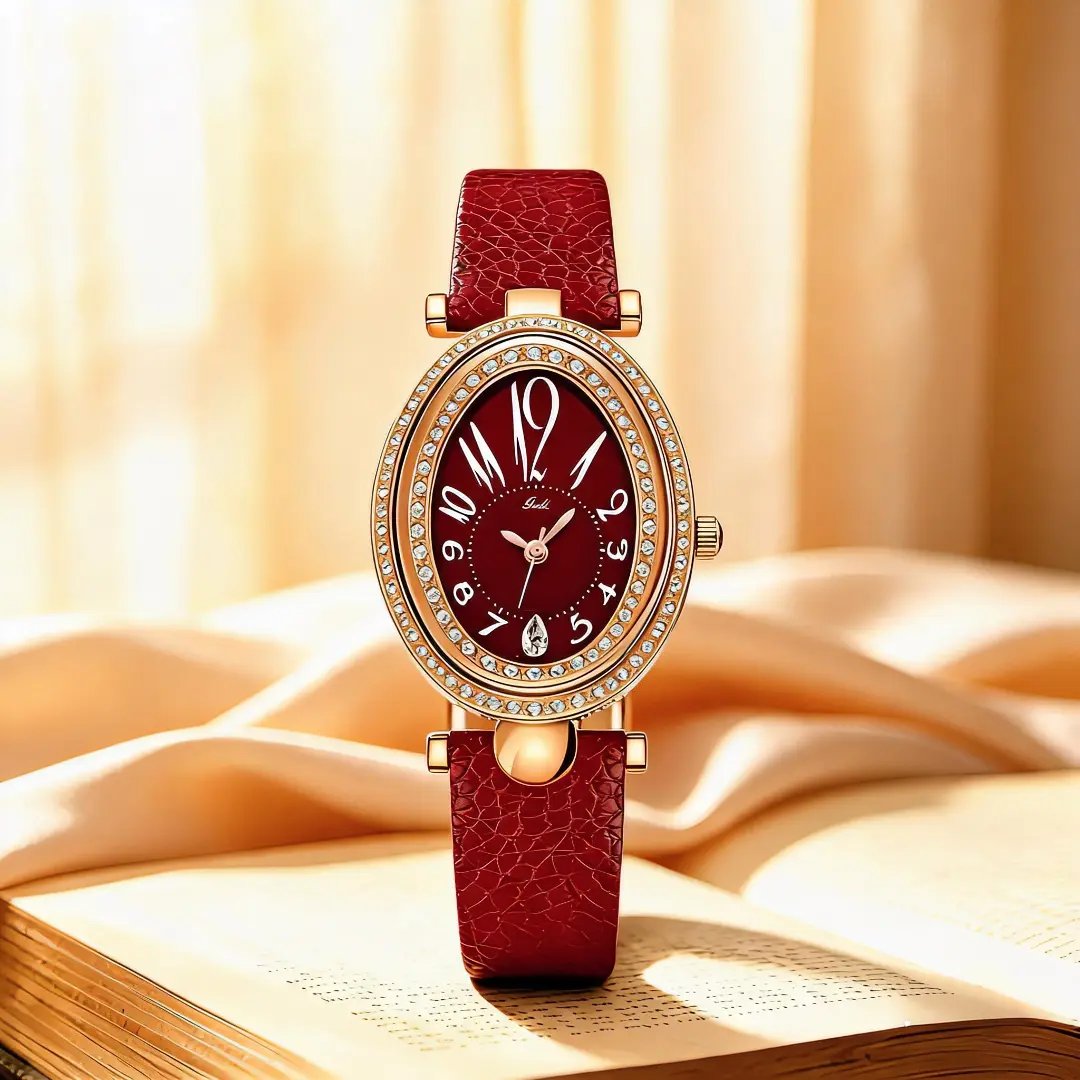 Women's Red Leather Analog Alloy Quartz Watch - Ankara Style, Retro Minimalist, Gold-Accented, 30M-50M Water Resistant Fashionable Fashion Accessory, Alloy Quartz Watches, Fashionable Quartz Watches