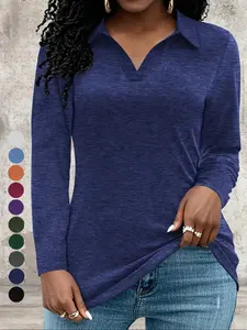 Women's Plain Long Sleeve V-Neck Shirt, Versatile Casual Top, Simple Design, Perfect for Daily Wear, Comfortable and Stylish