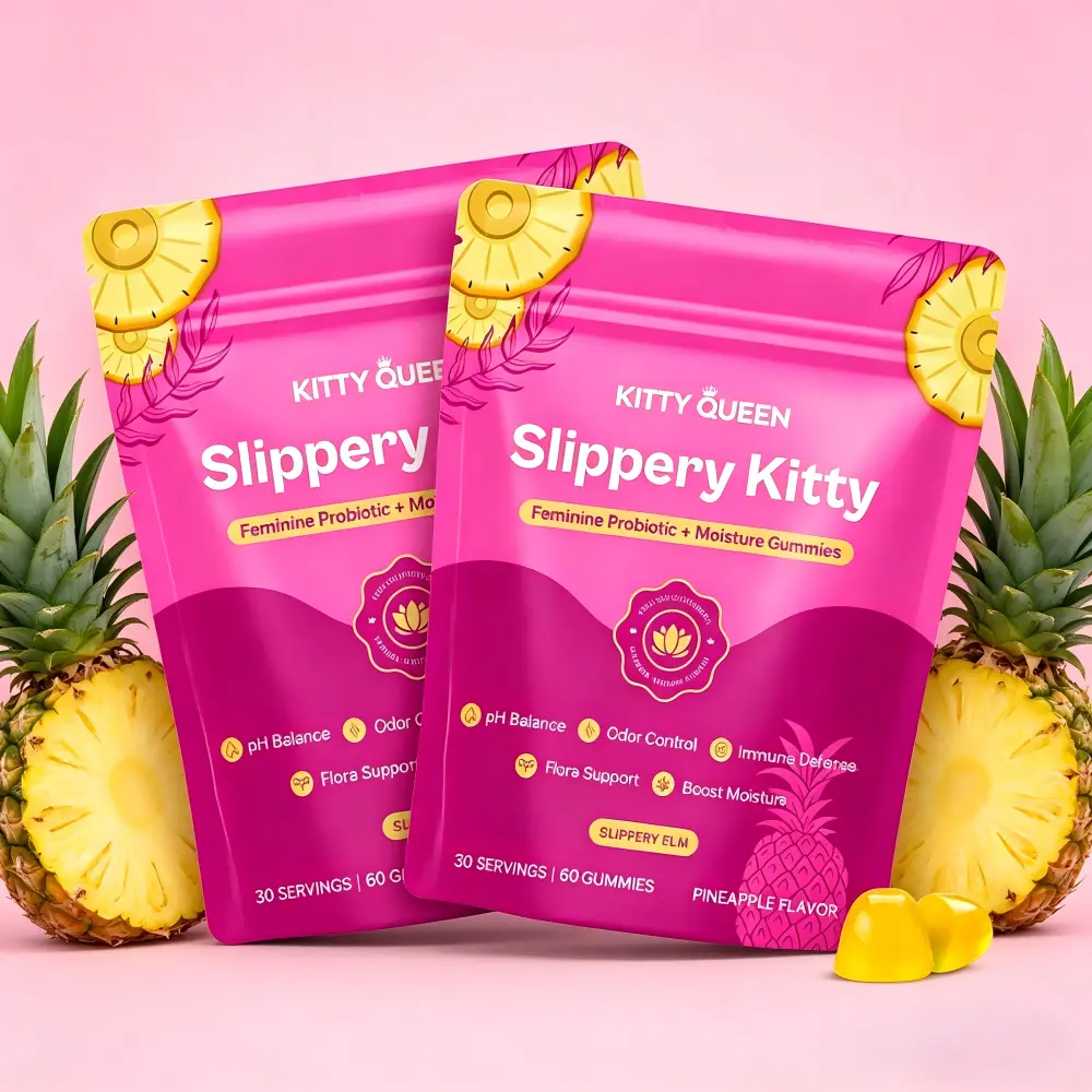 Her Juicy Multi Benefit Feminine Supplement Gummies, Probiotics Slippery Elm Prebiotics for Odor Control & Dryness Relief, 60 Count Pineapple