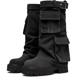 Summer New Retro Thick Soled Tube Boots Slimming Long Riding Boots with Pocket Niche Design Work Boots for Women