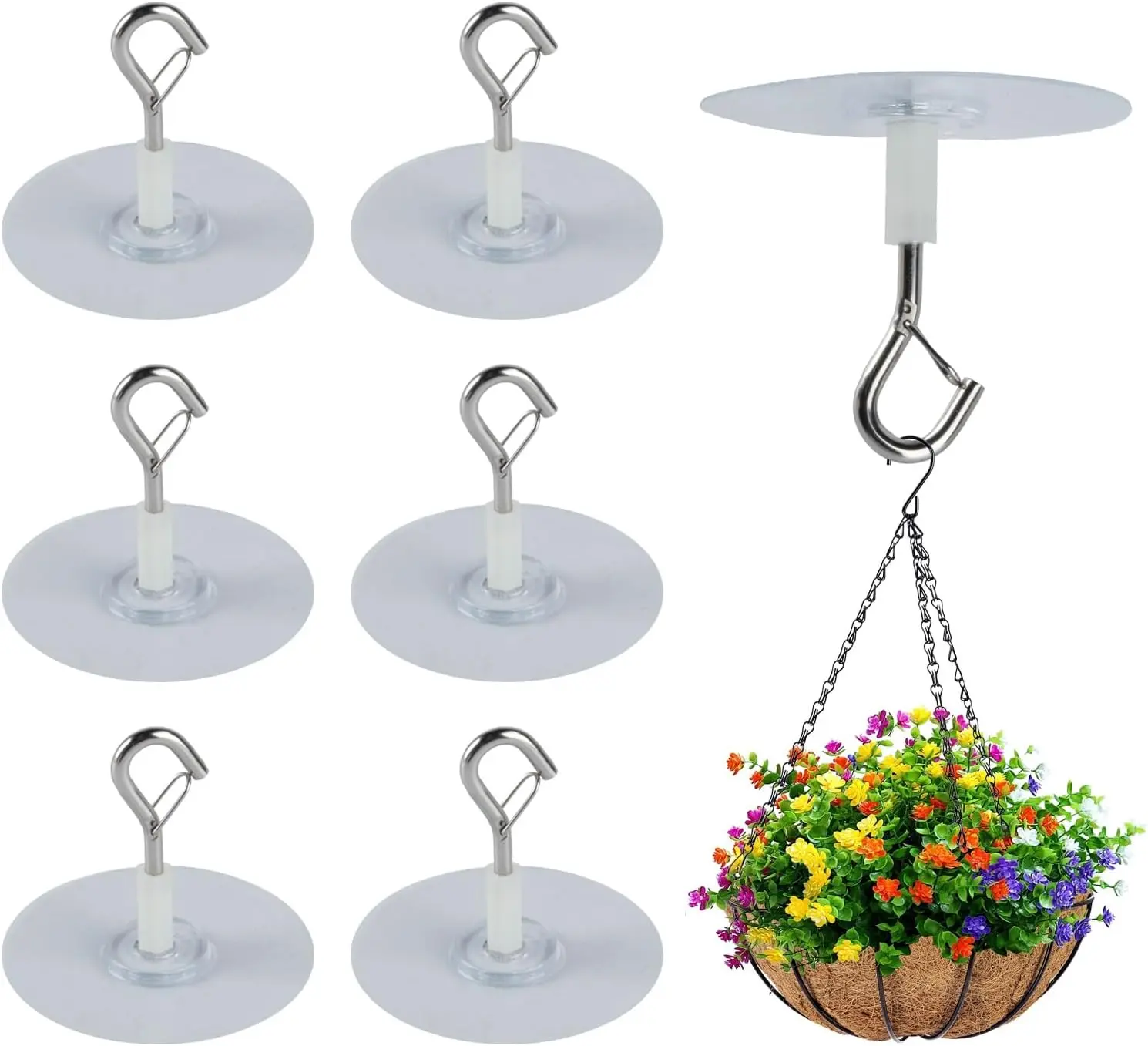 6 Pcs Self Adhesive Ceiling Hooks Heavy Duty No Drill Plant Hangers | Safety Locks Hanging Lights Chimes Fans Wall Decor Kitchen Bathroom
