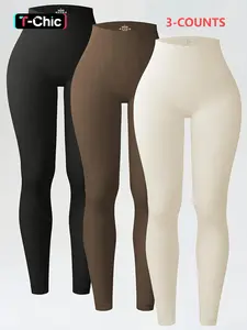 Women's Seamless Solid Color Sport Yoga Pants, High Waist Slim-Fitting Knit Casual Comfort Bottoms, 3 Pack for Daily Wear and Fitness, Seamless Yoga Leggings