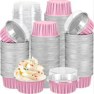 100 Sets Farm Cow Theme Dessert Cups with Lids, Heart & Round Foil-Lined Baking Cups, Oven Safe, Party Dessert Table Decor for Cupcakes Muffins Pudding Jelly Tiramisu, Birthday Holiday Party Home Baking Bakery Takeout