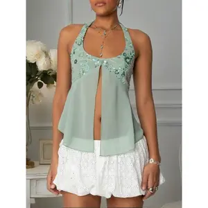 Sequin Embroidery Tank Tops Women Sleeveless Tie up Backless Split Hem Vest