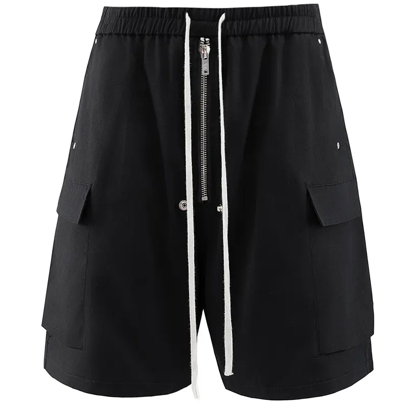 Men's Plain Solid-Color Functional Cargo Shorts - Casual Fit, Front Metal Zipper, White Drawstring, Straight-Leg, Versatile for Commuting & Casual Wear, Father’s Day Gift Option, Casual Fit Men's Shorts