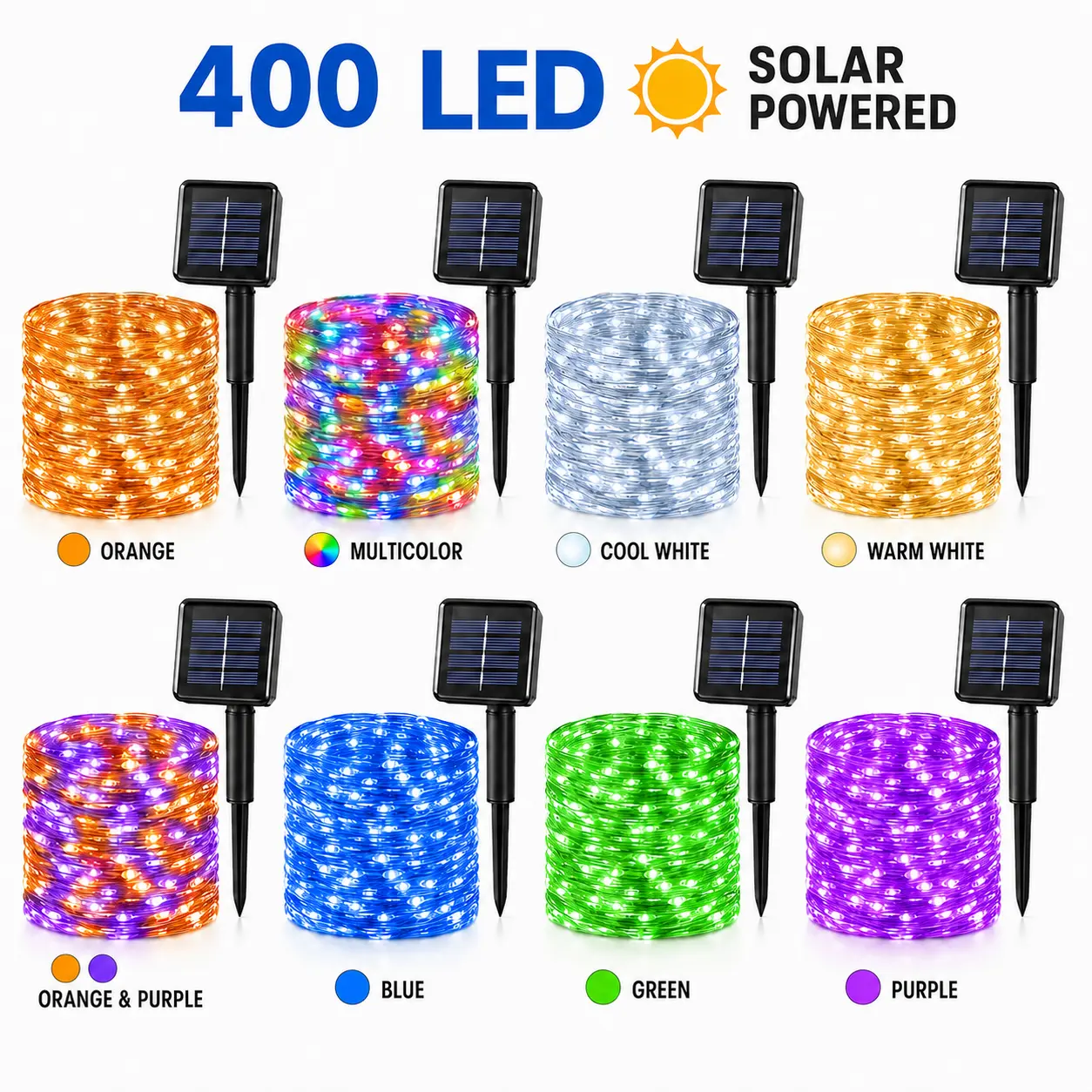 Set of 2, Solar Copper String Lights, 400 LED Outdoor Solar Lights, IP44 Waterproof, 8-Mode Solar Flashing Lights, Mini LED Solar String Lights, Ideal for Gardens, Yards, Parties, Weddings, Camping, Porches, Independence Day, and Holiday Decorations