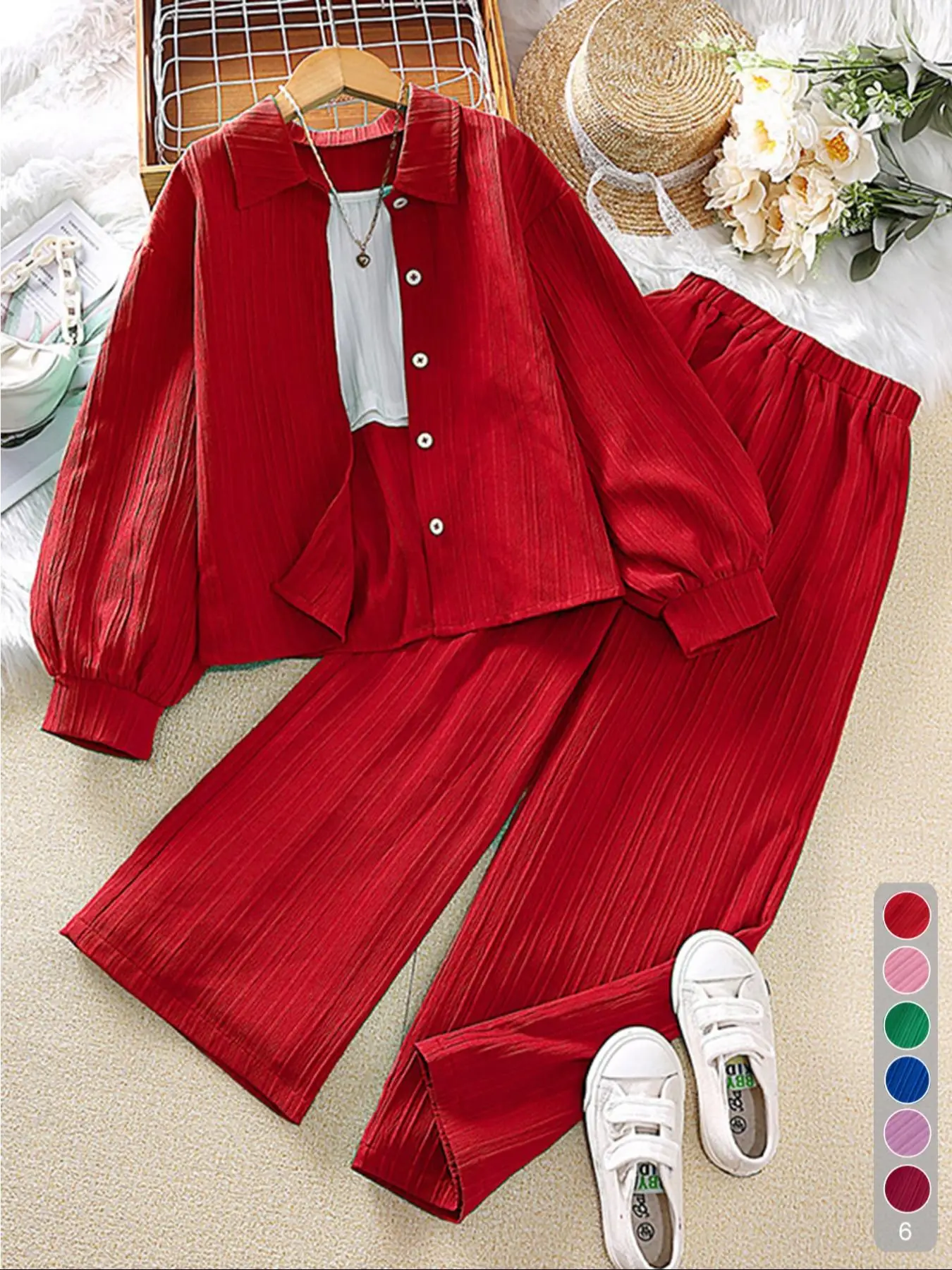 Girl's Solid Textured Button Front Blouse & Wide Leg Pants Set, National Day Clothing, Long Sleeve Top & Trousers for Daily Outdoor Wear, Summer Outfi