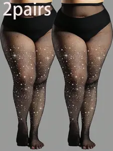 2pcs Plus Size Women's Rhinestone Embellished Fishnet Tights, Stretchy Skinny Mesh Stockings, Goth Style, All Seasons Clubwear, Underwear