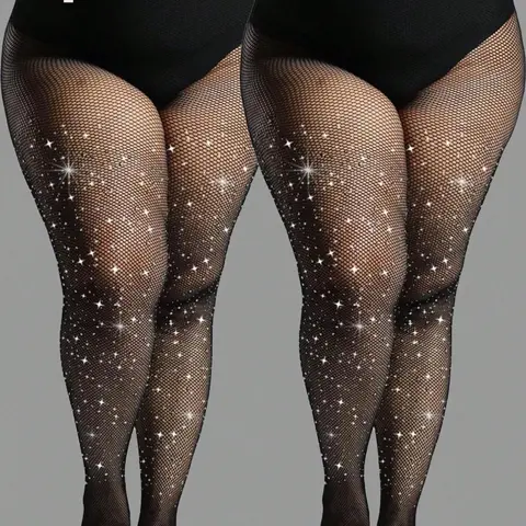 2pcs Plus Size Women's Underwear Rhinestone Embellished Fishnet Tights, Stretchy Skinny Mesh Stockings, Goth Style, All Seasons Clubwear