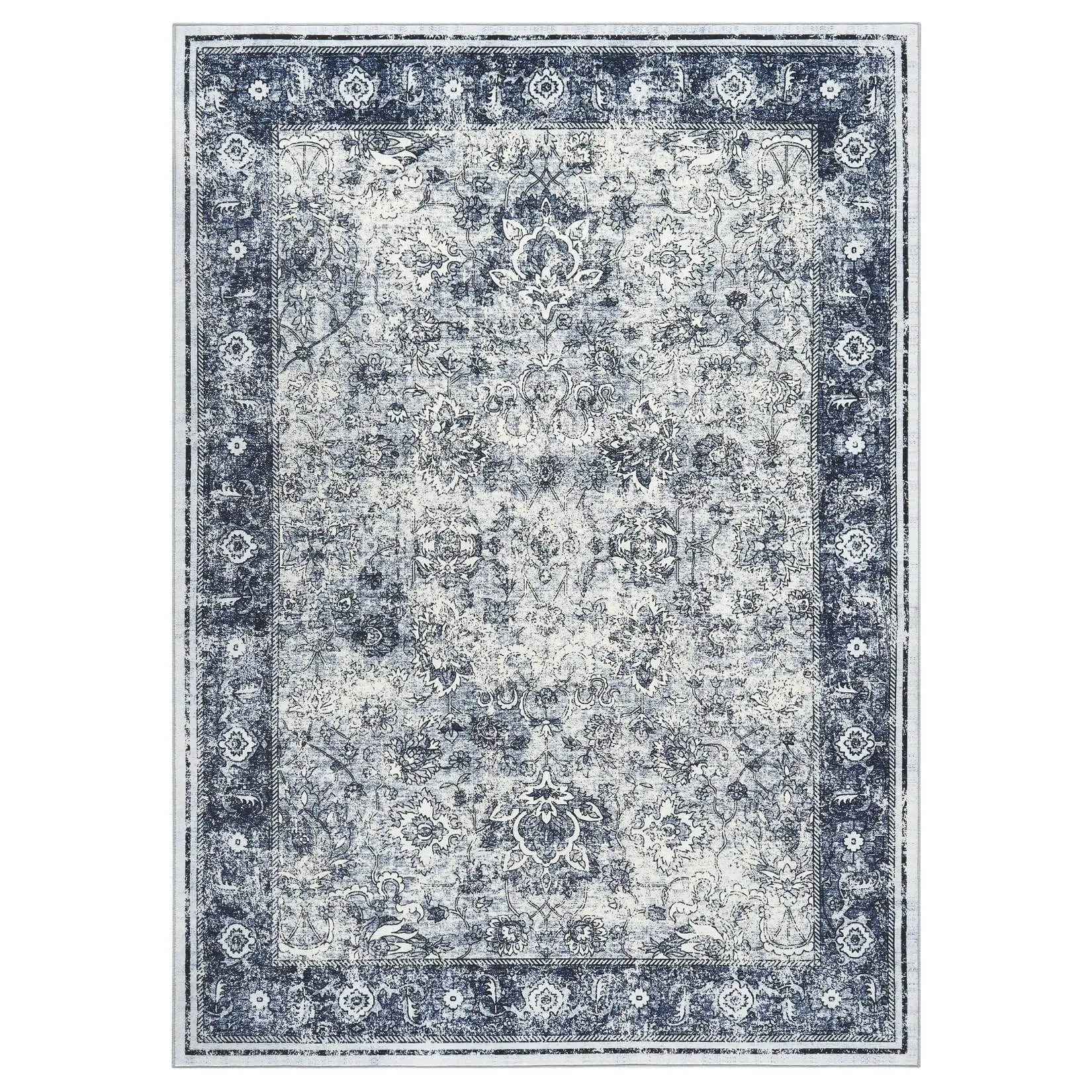 Machine Washable Vintage Floral Area Rug 8x10FT, Distressed Non Slip Thin Collapsible Traditional Carpet Mat, Multi Sizes Available for Living Room Bedroom Kitchen Home Decor