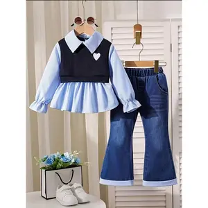 2pcs Sets For Toddler Girl Outfits, Faux Denim Outfit With Heart Embroidery Vest Long-sleeved Top & Flared Pants, Casual Fall Clothes For Play, for Outdoor