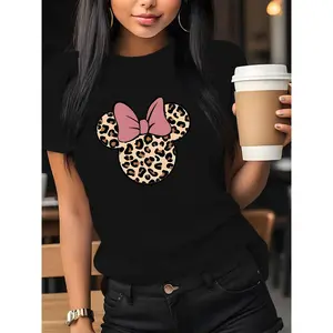 Women'S Casual Graphic Print T-Shirt - Short Sleeve Crew Neck, Leopard Print Bow Design, Perfect for Spring & Summer Outfits, Leopard Print Blouse