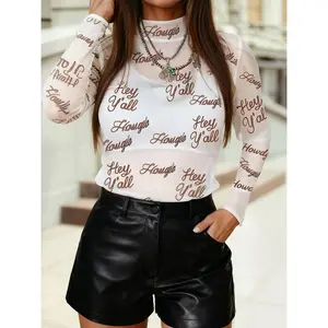 Western Howdy Hey Yall Mesh High Neck Long Sleeve Top