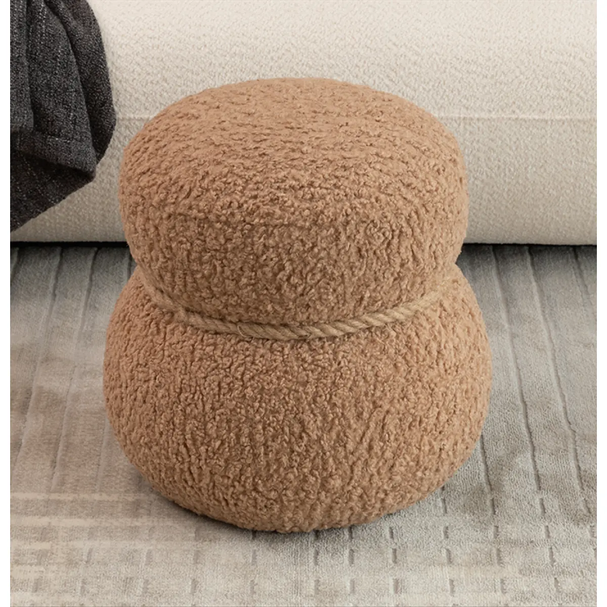 Playful Look Ottoman Stool, Light Brown Snowman Design, 14.56in Round Lamb Wool Fabric Soft Cushion, Solid Wood Frame, 150LBS Load Supports Adults, Multi-Function Footstool for Living Room, Modern Sturdy Indoor Furniture, Cushioned Stool, Foot Rest Stool