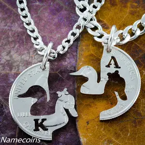Duck Necklaces, with Custom Initials, Mother and Child Jewelry, BFF Gifts, Hand Cut Coin