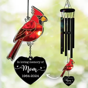 Personalized Memorial Wind Chime Cardinal Suncatcher In Loving Memory Loss of Mom Dad Red Bird Sympathy Gift 6 Aluminum Tubes Pine Wood Durable Indoor Outdoor Decor Ready to Gift Set