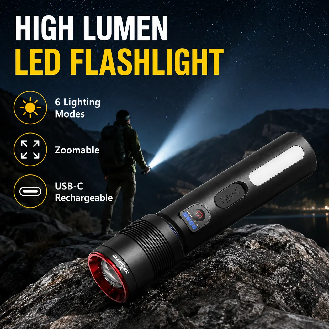 Qawtor Super Bright Rechargeable Zoomable Tactical Torch Flashlight, Long-Range Beam, 6 Lighting Modes, USB Port, Durable Design, Charging Cable, Batteries for Adult Outdoor Camping, Emergency Use, Home Improvement