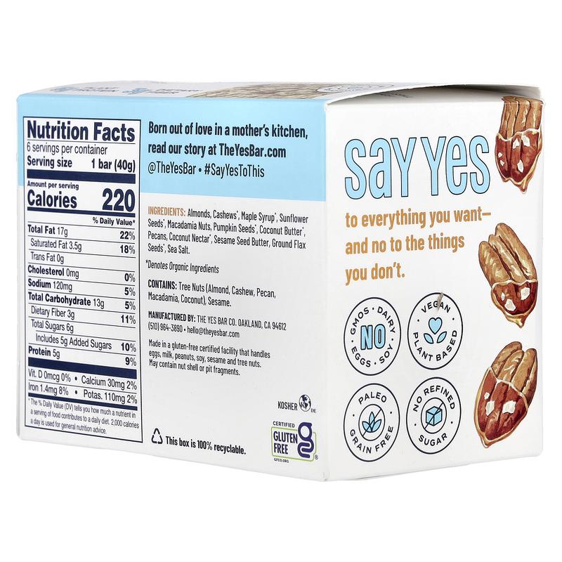 Yes Bar Snack Bars, Salted Maple Pecan, 6 Bars, 1.4 oz (40 g) Each