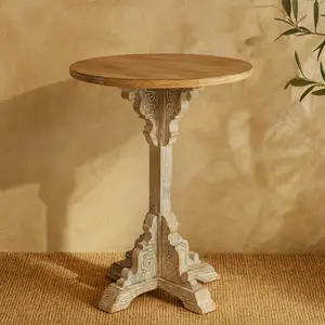 Scroll Wood Distressed Pedestal Side End Accent Table with Brown Wood Top 16" x 16" x 23"