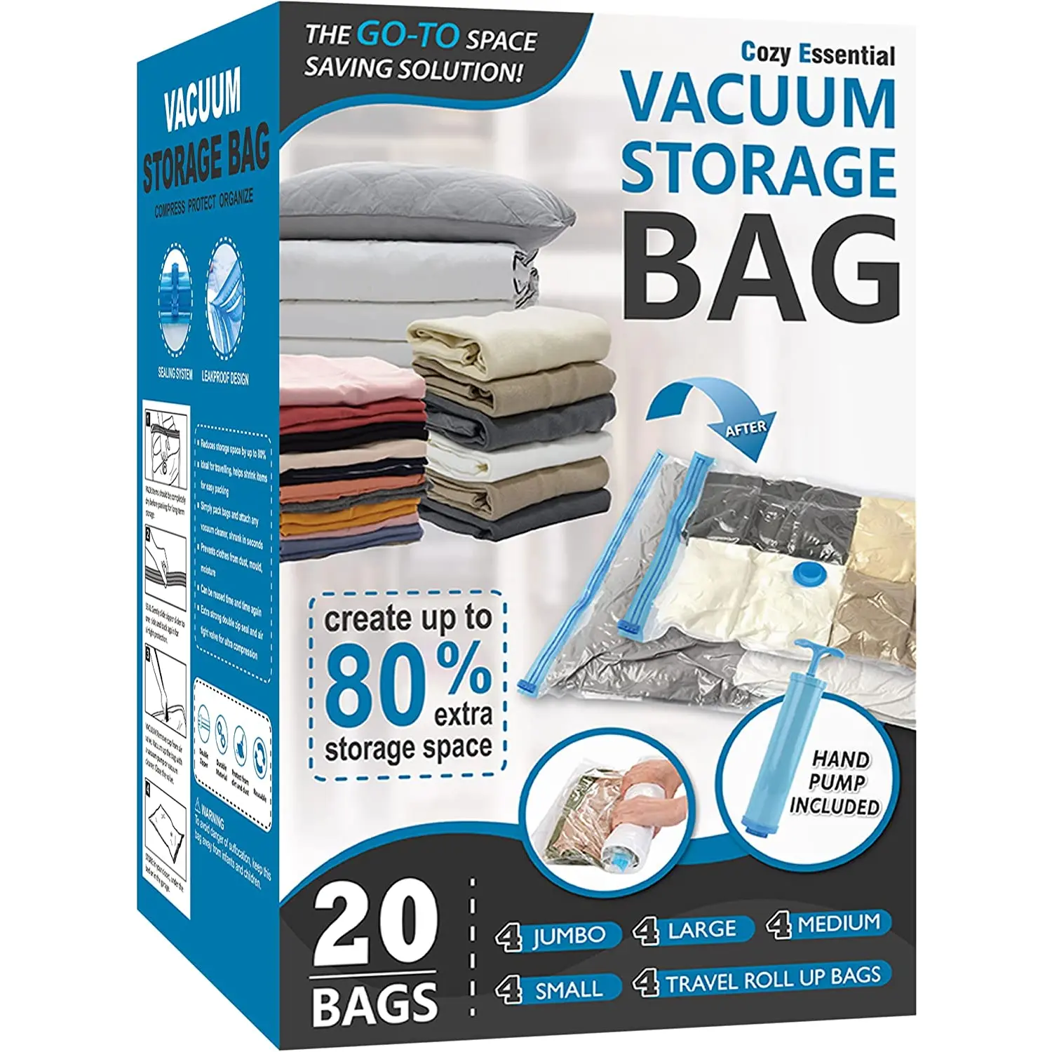 Vacuum Storage Bags, 80% Compression Vacuum Seal Space Saver Plastic Packaging Bags for Clothes, Blankets, Pillow, Bedding, Comforters, Sealer Clothing Storage,20 Combo
