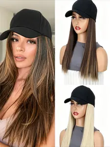 Women's European Style Baseball Cap Wig with 18inches Medium Long Straight Bobo Head Lockbone Length Fake Hair Daily Wear Synthetic Full Machine Made Wig Soft Full Texture Breathable Cap Lightweight No Shedding Tangle Free Comfortable All Day Wear