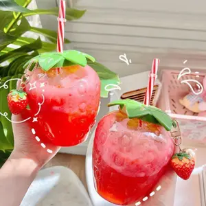 Kawaii Strawberry Cup with Lid, Straw & Pendant - Portable Water Bottle Mug for Boba Tea, Ideal for Gift, Home, Office & School    Reusable Drinkware