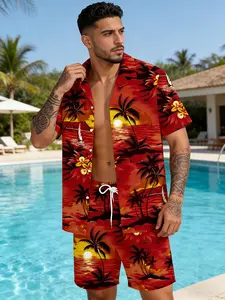 Men's Hawaiian Party Shirt Shorts Set, Tropical Palm Print, Lightweight Breathable Thin Polyester, Loose Fit, All Body Types, Holiday Style