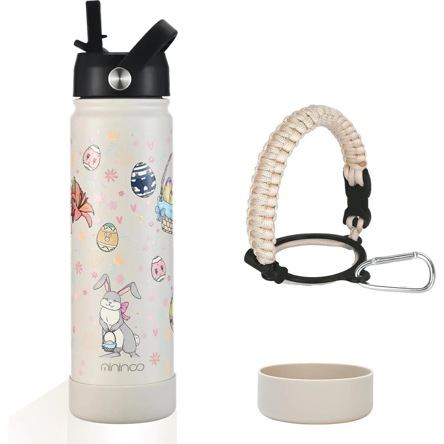 mininoo Easter Water Bottle, 24 oz Insulated Stainless Steel Double Wall Vacuum Thermos, Easter Gifts, Cute Bunny & Egg(Oatmeal)