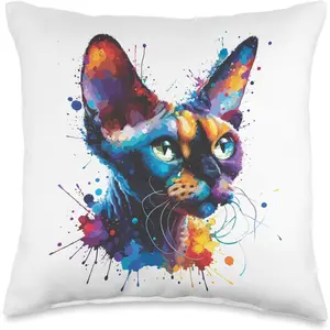 Colorful Splash Art Devon Rex Pixie Cats Throw Pillow