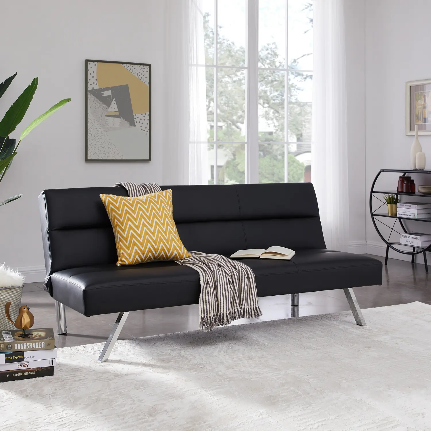 Modern Convertible Folding Sofa Bed with Chrome Legs, Reclining Compact Couch.