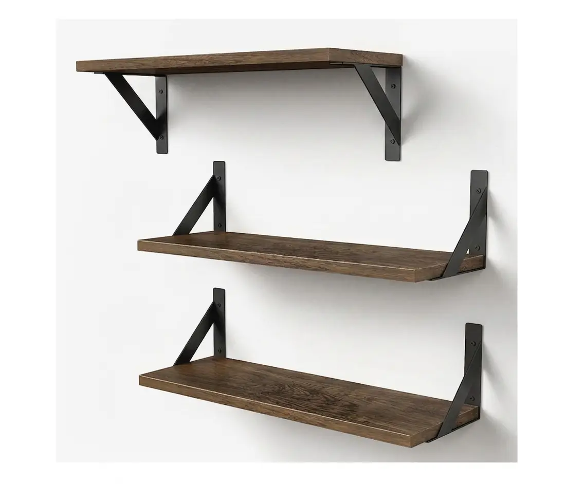 Set of 3,  Rustic Floating Book Shelves for Wall Set, Wood Wall Shelves (Set of 3, Dark Brown)