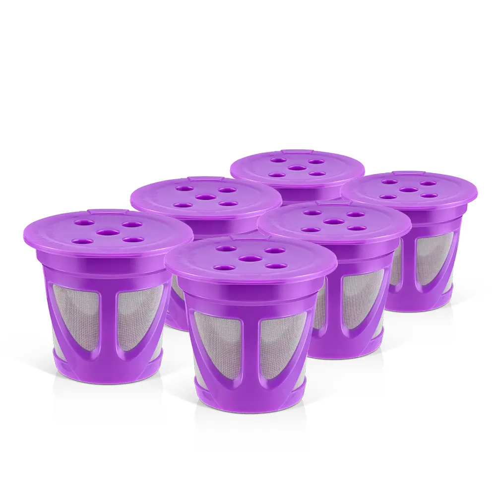 6 reusable 5-hole coffee pods for K-Cups, featuring food-grade stainless steel mesh filters compatible with Keurig 1.0 and 2.0 coffee makers