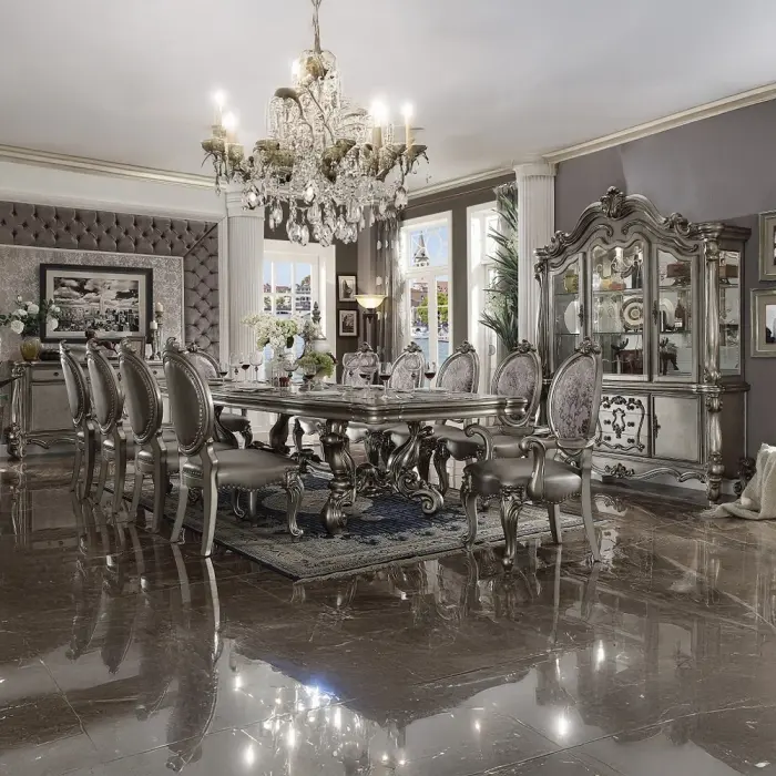 Acme 66820-22-23 Astoria Grand Roza Versailles Antique Platinum Finish Wood Double Pedestal Table Chairs Set, 6-Piece Indoor Furniture Sets with 21" x 25" x 46" H Arm Chairs, Assembly Required for Elegant Dining Room, Arm Chairs: 21" X 25" X 46" H