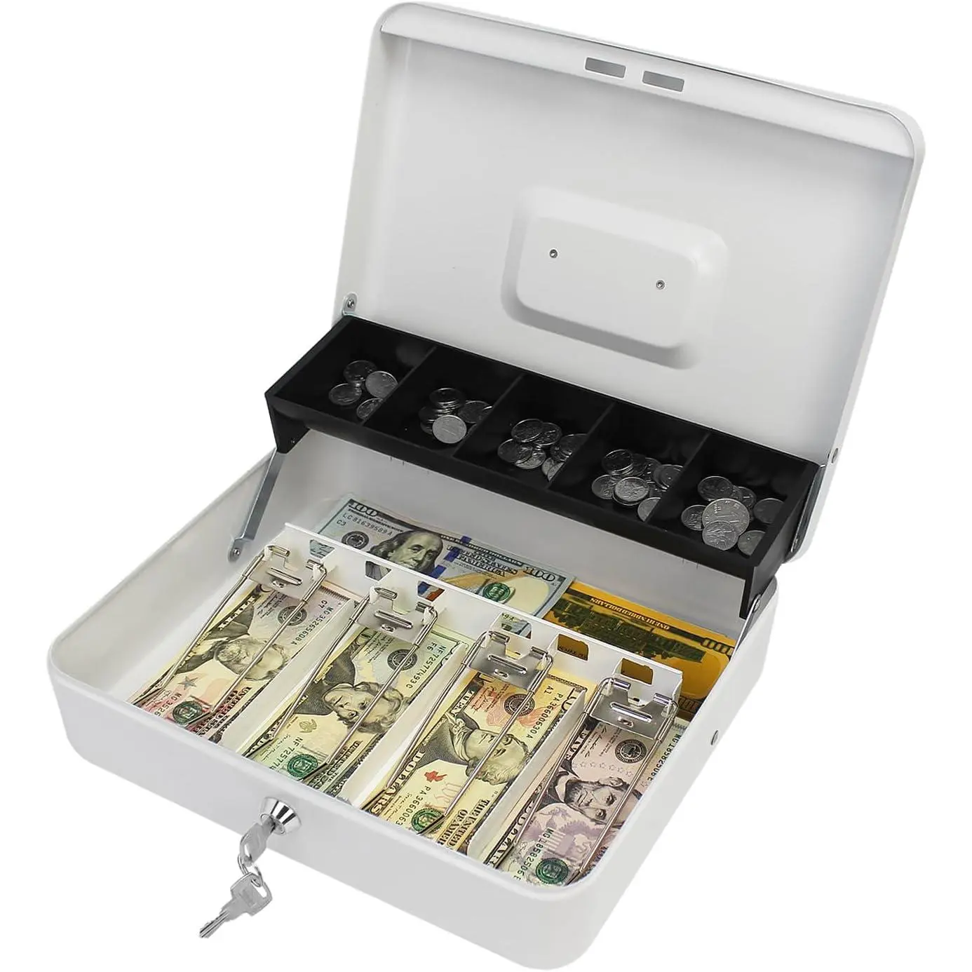 White Steel Body Cash Box with Key Lock, 3-Number Combination Lock, Money Tray, Organizer for Home Cash Management, Multiple Colors, 7.87x6.30x3.35 Inch Metal Safe