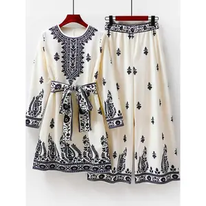 BK123002 Women's Casual Elegant Printed Round Neck Long Sleeved Top & Pants Set Smooth Fabric Fitted Ivory White Soft Womenswear Overall Style Suits two piece set women Clothes