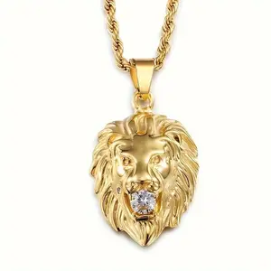 Classic punk men’s metal lion pendant necklace with synthetic zirconia — rock party jewelry (1 piece)