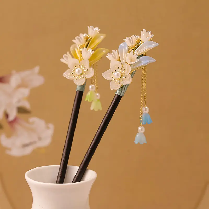 New Chinese Lily of the Valley Tassel Step Shake Wood Hair Stick For Women, Vintage Hanfu Qipao Floral Hairpin, Imitation Ebony Dangle Bell Flower Hair Fork, Elegant Oriental Updo Hair Accessory For Daily Cosplay Wedding