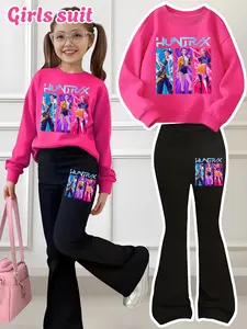 Girls' Kpop Cool Girl Cartoon Pattern Print 2-Piece Set, Unique Print, Casual Sportswear Sweatshirt & Bell-Bottom Pants, Comfortable Elastic Waist, Spring & Fall