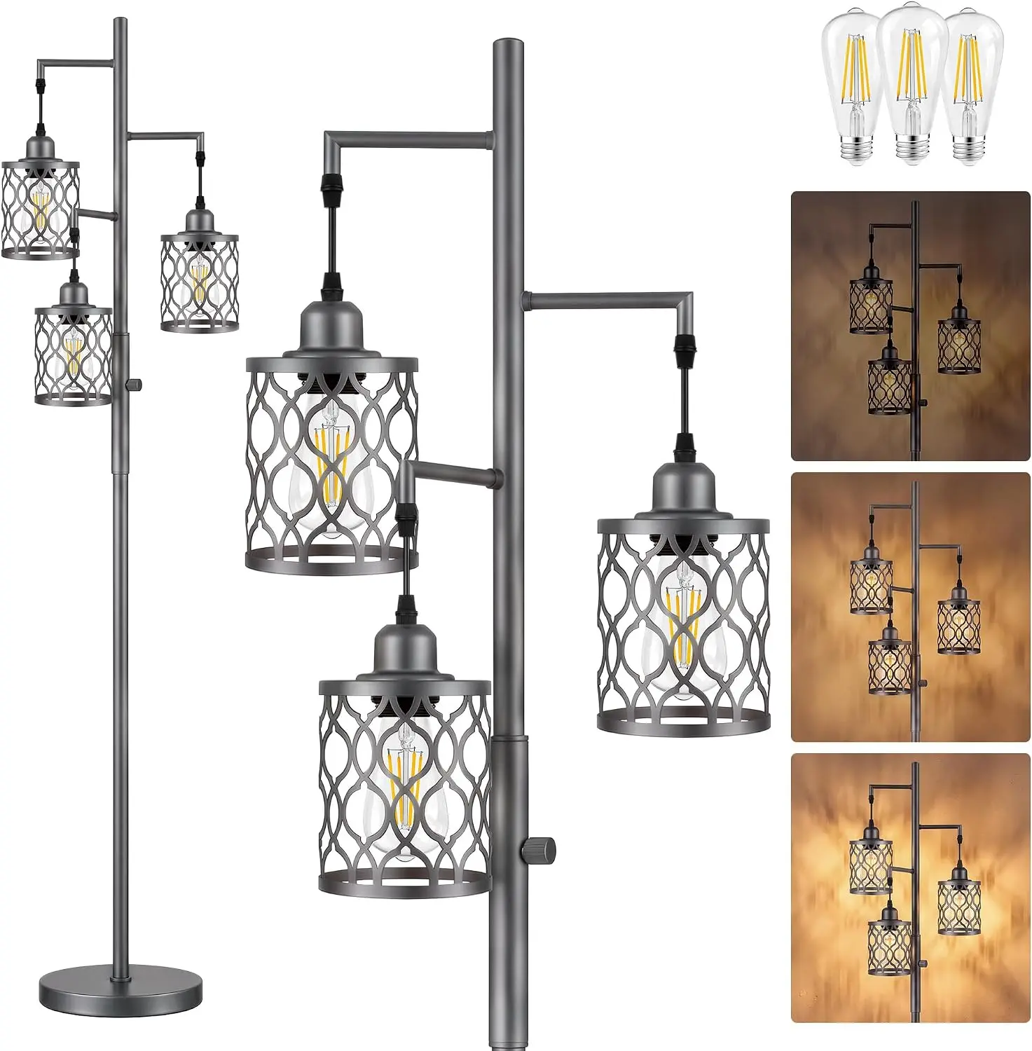 ROTTOGOON Dimmable Floor Lamp, Industrial Standing Floor lamp for Living Room, Tall Farmhouse Rustic lamp with 3 LED Bulbs, Tree Floor Lamp for Bedrooms, Living Room, Home Office, Metal, Grey, 68"