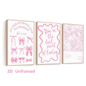 Set of 3, Pink Bow Wall Art; Preppy-Style Inspirational Wall Decor; Motivational Quotes on Canvas Posters; Perfect for College Girls' Dorm Rooms and Bedrooms; Frameless