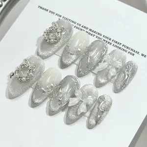 Silver Chrome Cat Eye Press on Nails Medium Almond/Handmade Press on Nail/Bow Accent Press on Nail/Lux Press on Nails/Acrylic Summer Nails