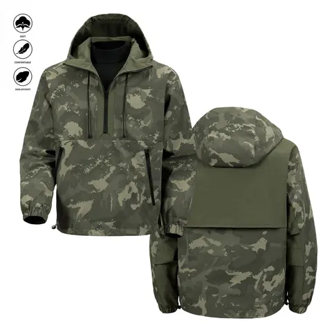 Men’s camo pullover windbreaker jacket, waterproof outdoor hiking tactical hooded anorak, streetwear lightweight casual fall jacket