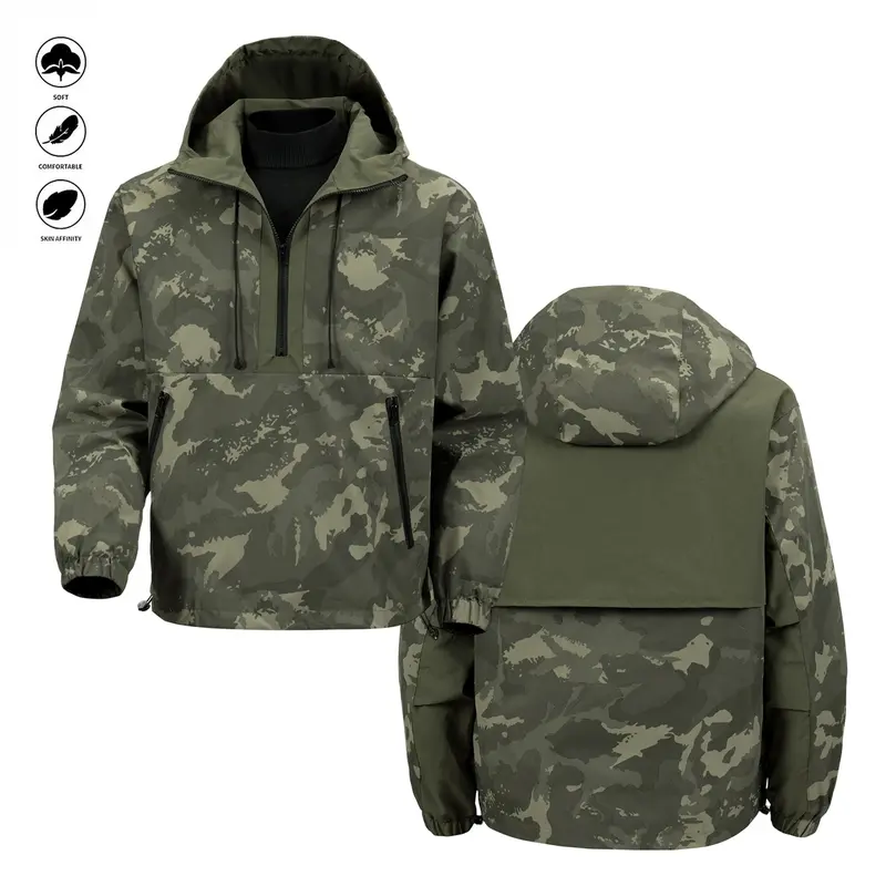 Men’s camo pullover windbreaker jacket, waterproof outdoor hiking tactical hooded anorak, streetwear lightweight casual fall jacket