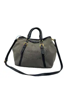 Pre-owned PRADA Vintage Navy Canvas & Leather Logo Embroidery Tote Bag/WJ01931057/1057