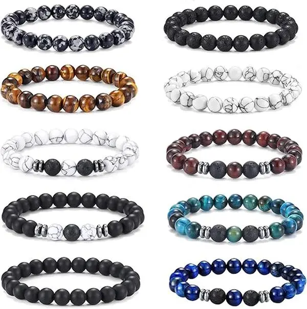 10 Pcs Tiger Eye Bracelet For Men  Natural Stone Beads Bracelet Set Stretch Lava Rock Bracelets Adjustable Black Crystal Beaded Bracelet for Men Women Gifts