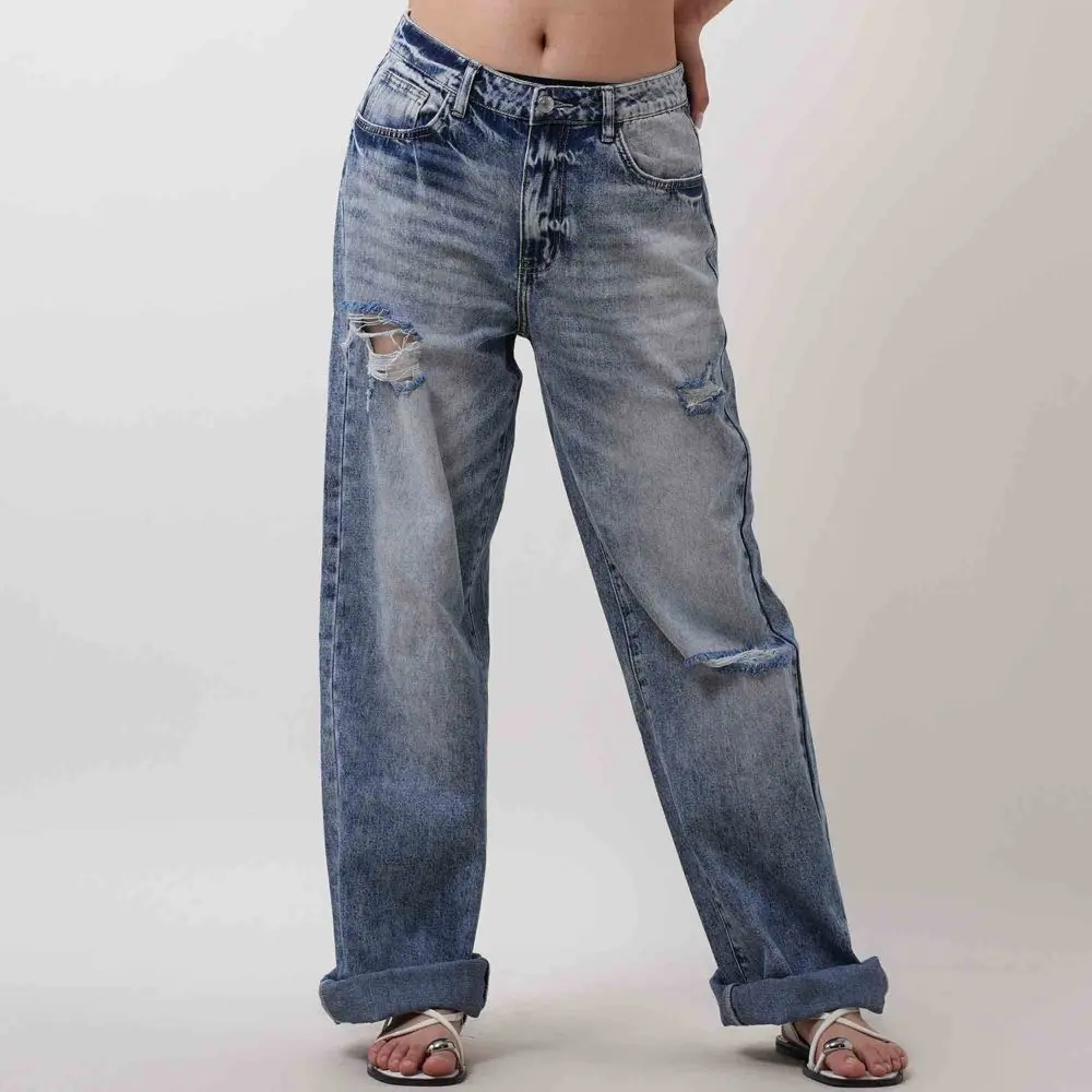 Women's High Waist Straight Leg Jeans - Distressed Wash with 5-Pocket Design Cherie Code Blue S
