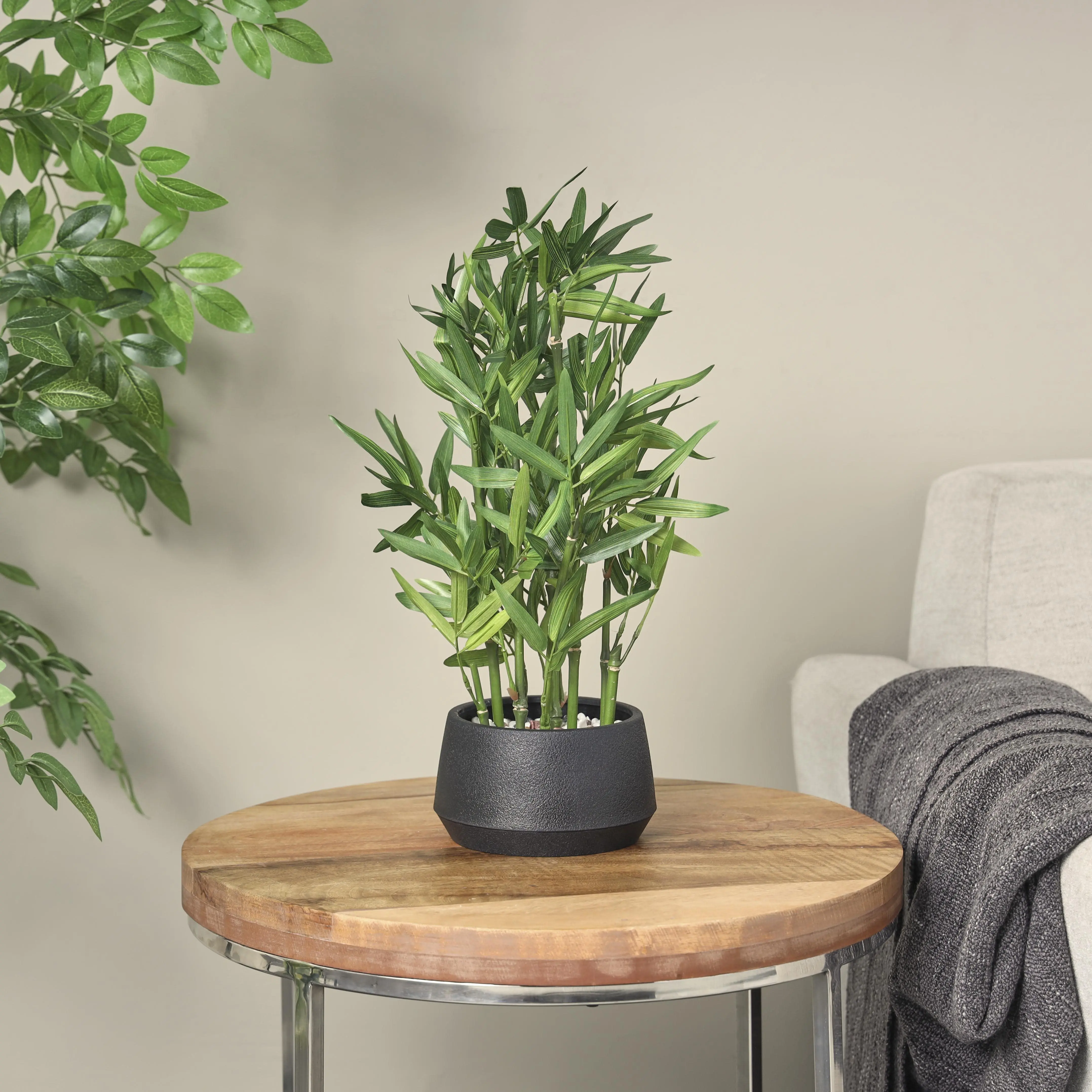 14x14x19" Artificial Bamboo Leaves Plant - Green Faux Foliage, Black Plastic Pot, Indoor-Outdoor Home Decor for Room & House Decor (Home Supplies, Decorative Plants)