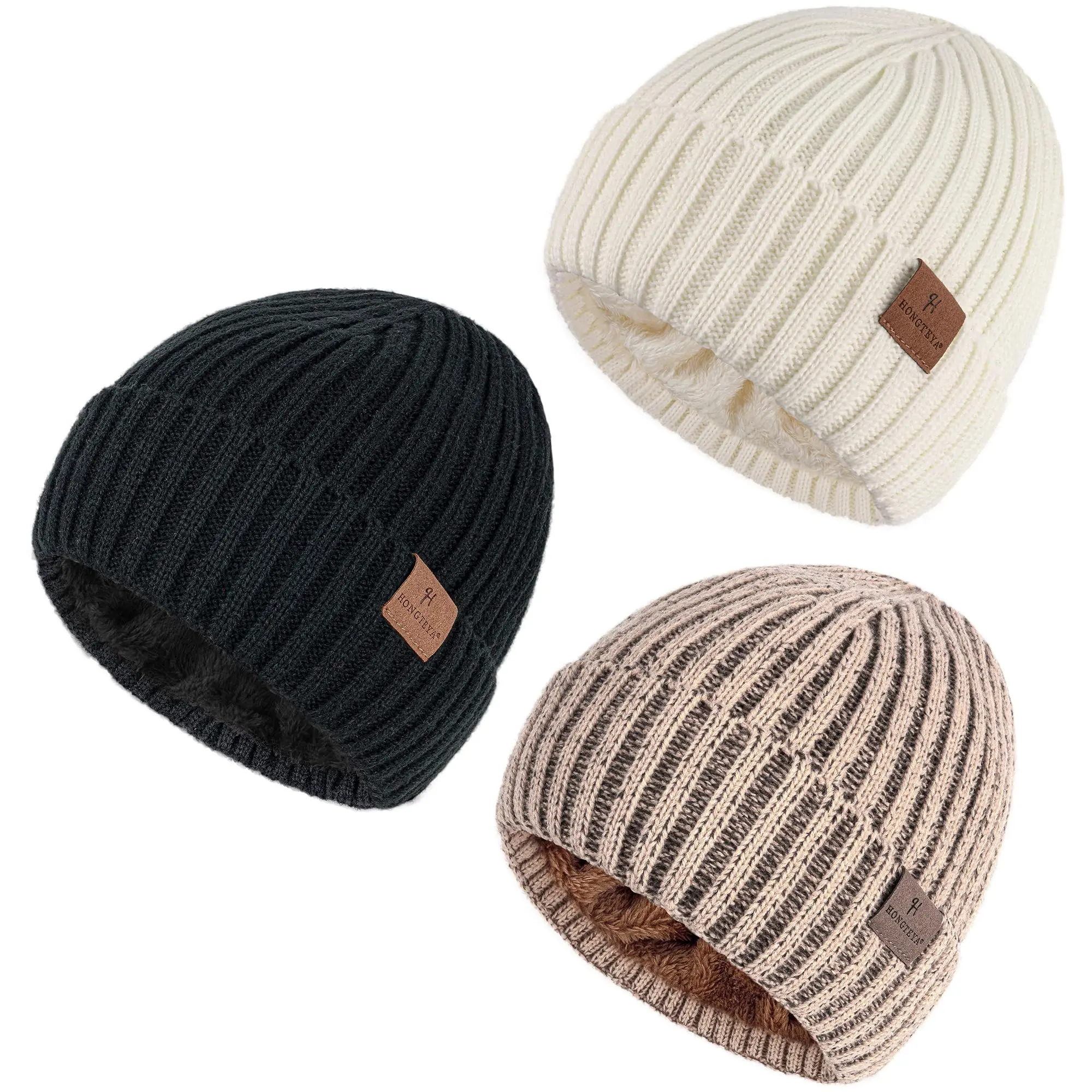 HONGTEYA 3-Pack Unisex Winter Beanie, Thick Thermal Plush-Lined Knit Hat for Cold Weather