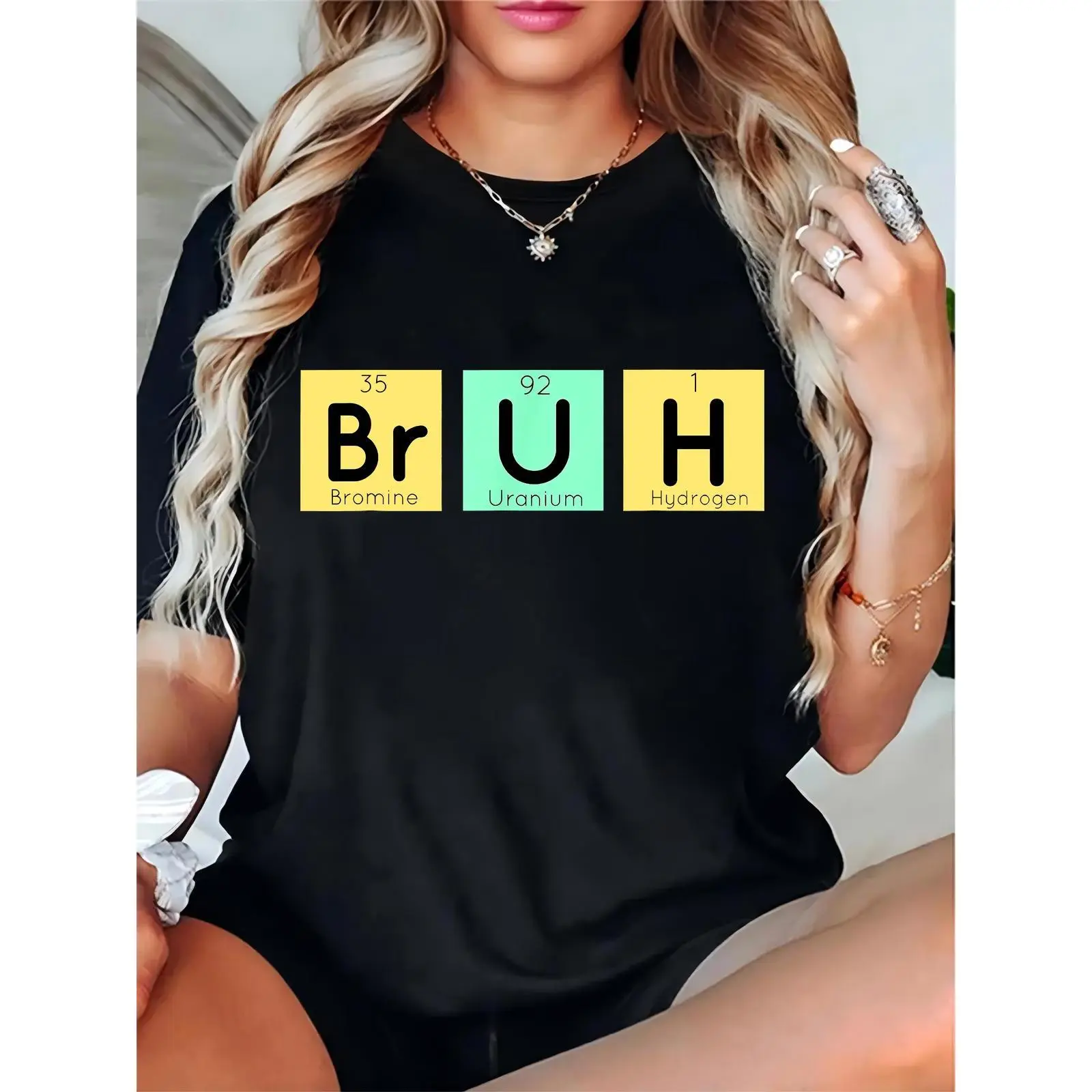 Women's BRUH Periodic Table T-Shirt, Funny Chemistry Element Graphic Tee, Casual Daily/Back-to-School Wear for Science Lovers, Students, Teachers, Black, Basic, Shortsleeve, Skirts, Day, Comfortable, Ladies, Elegant